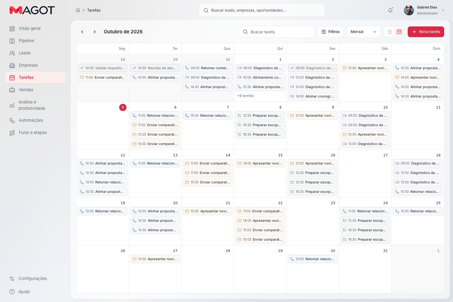 Calendário mensal de tarefas da Magot com reuniões, ligações e retornos distribuídos pelos dias.